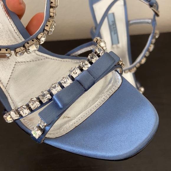 NIB Prada Satin Blue Ribbon Jeweled Gem Embellished Heeled Sandals - Picture 3 of 17